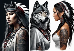 dark photo realistic woman, full body, native american, wolf, bear, ghostly, blood tattoo idea