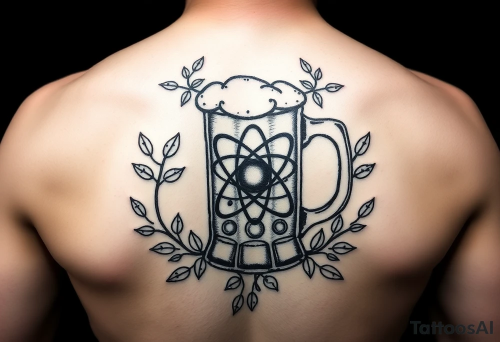A fine line style German stein in a with an atom in the middle part of the stein and vines around the atom framing it tattoo idea