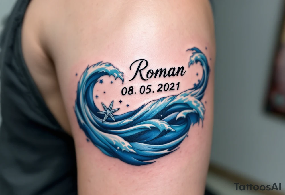Name Roman with date 08. 05. 2021 in Deep blue ocean waves wrapping around Roman's birthdate, with seafoam white accents and a starfish design near the numbers. tattoo idea