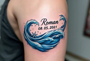 Name Roman with date 08. 05. 2021 in Deep blue ocean waves wrapping around Roman's birthdate, with seafoam white accents and a starfish design near the numbers. tattoo idea