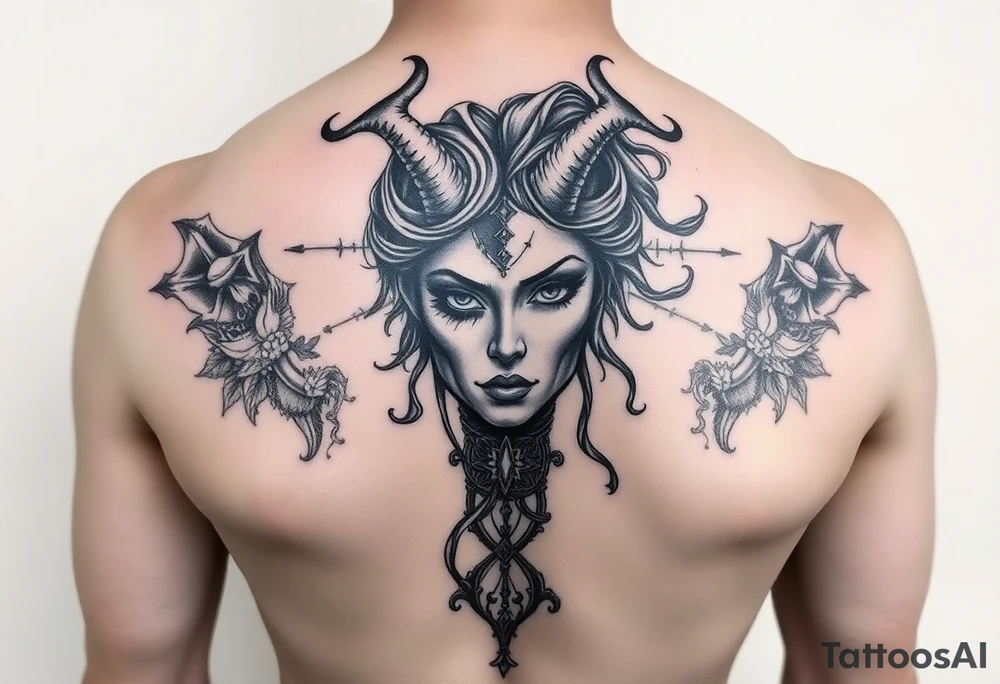 Half hades face and half persephone face middle pf the chest going all the way to both shoulders with background related tattoo idea