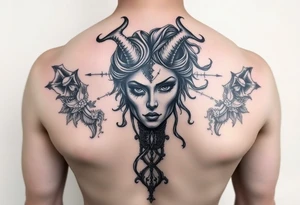 Half hades face and half persephone face middle pf the chest going all the way to both shoulders with background related tattoo idea