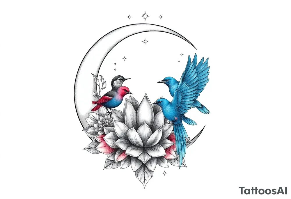 crescent floral moon with lotus flower and celestial and blue birds tattoo idea