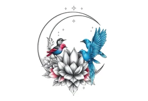 crescent floral moon with lotus flower and celestial and blue birds tattoo idea