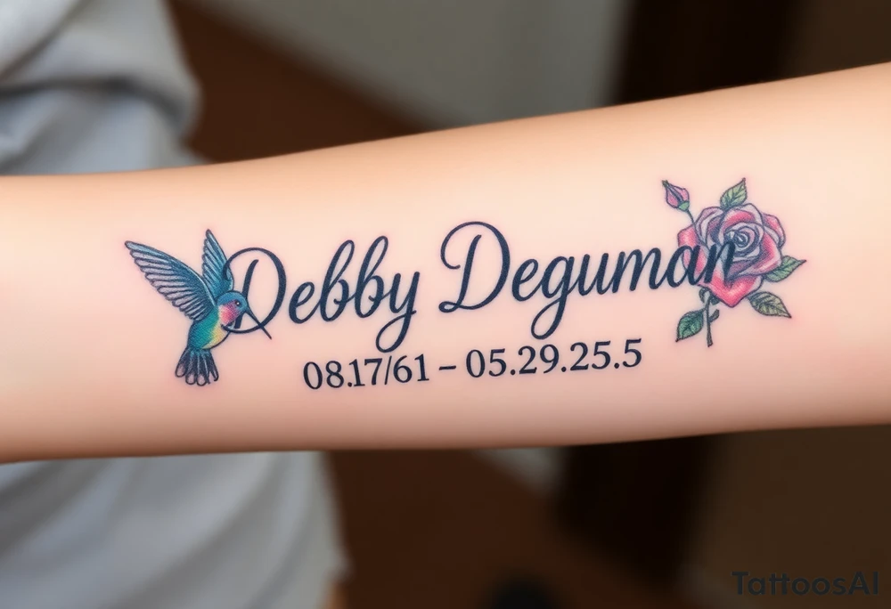 Tattoo of the name Debby Deguzman in chunky bold curly cursive with the exact dates of 08/17/61-05/29/25 surrounded by 1 hummingbird and 1 rose tattoo idea