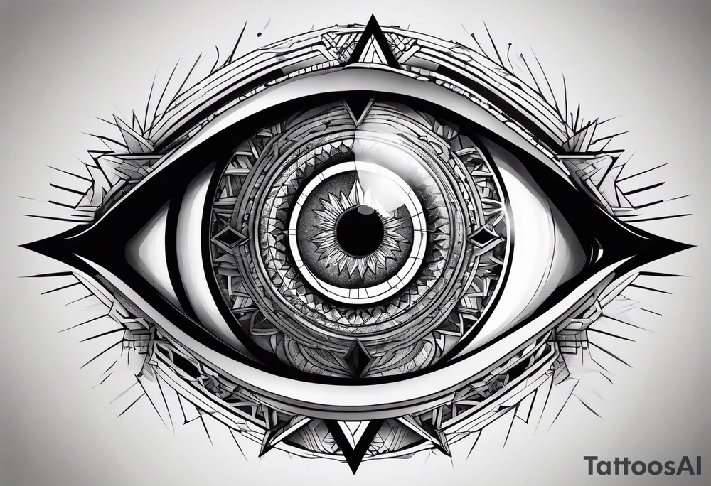 Extremely hyper realistic eye inside geometric shapes that are extremely complex and defy physics tattoo idea