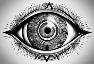 Extremely hyper realistic eye inside geometric shapes that are extremely complex and defy physics tattoo idea