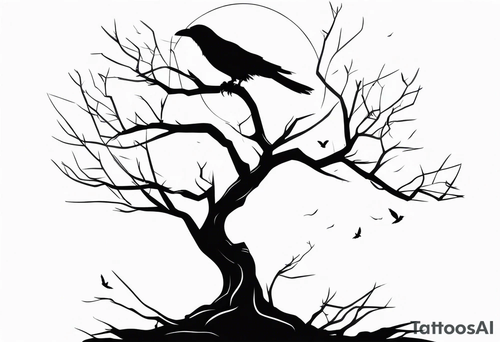 Dead tree with roots and sitting raven silhouette small tattoo idea