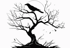 Dead tree with roots and sitting raven silhouette small tattoo idea