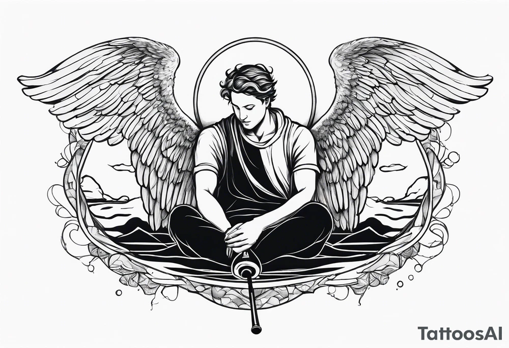 male angel with a halo sitting peacefully with fishing rod tattoo idea