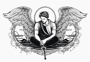 male angel with a halo sitting peacefully with fishing rod tattoo idea