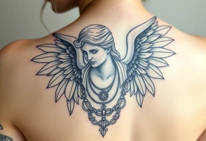 Create a statue of some angel, ruined with a corrupt criminal/thug style, tattoos, jewelry, gold necklaces. I would like this to be placed on the left arm. tattoo idea