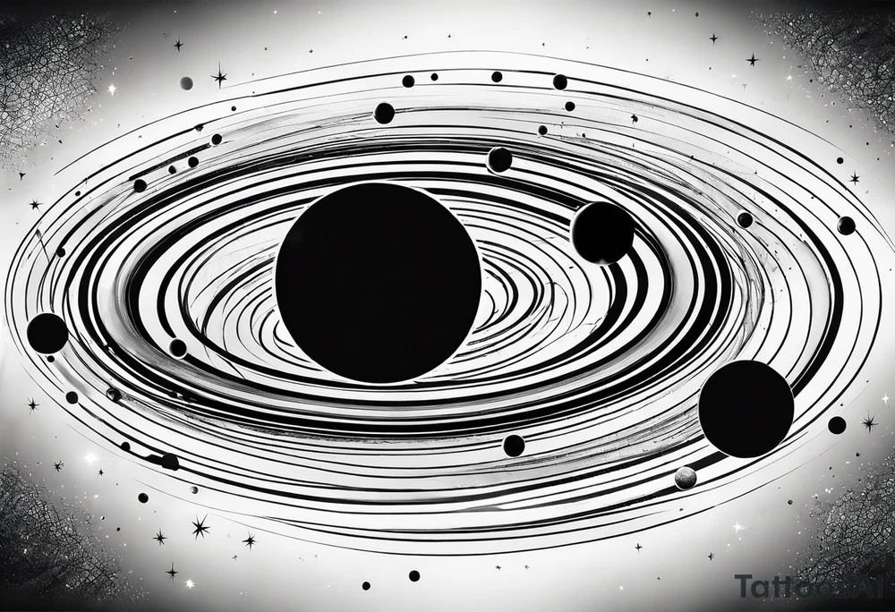 Half sleeve tattoo of planets orbiting a black hole. tattoo idea