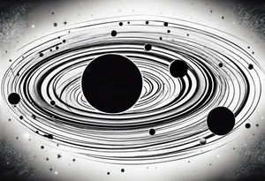 Half sleeve tattoo of planets orbiting a black hole. tattoo idea