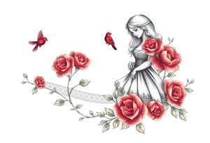 Vintage dollies, red roses, lace, red bird, no people, vintage, lower wrap arm tattoo tattoo idea