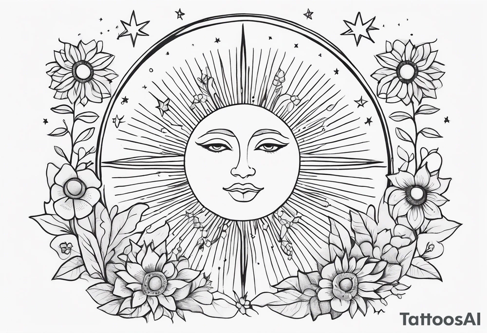 Tarot card whimsy, floral, sun star moon tattoo idea