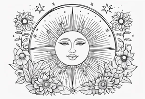 Tarot card whimsy, floral, sun star moon tattoo idea
