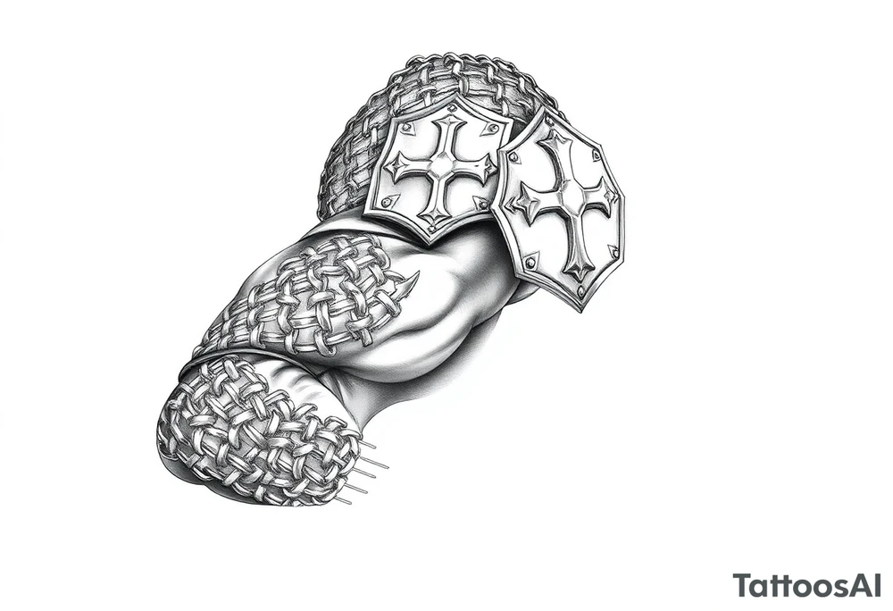 Chainmail armor from top of trapezius to below elbow with an intricate plate armor piece with a cross on shoulder tattoo idea