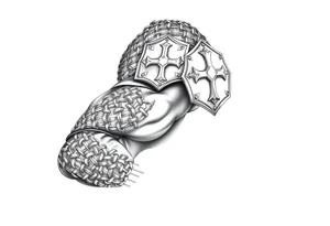Chainmail armor from top of trapezius to below elbow with an intricate plate armor piece with a cross on shoulder tattoo idea