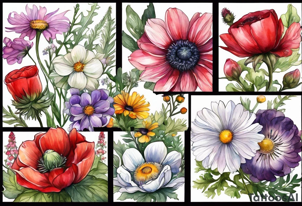 wildflowers with thistles, ferns, ranuculus, white anemones, sun flowers, red flowers, pink flowers, purple flowers, buttercups, babys breath, daisies, and greenery all in watercolor tattoo idea