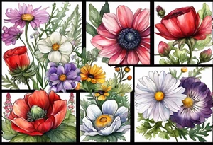 wildflowers with thistles, ferns, ranuculus, white anemones, sun flowers, red flowers, pink flowers, purple flowers, buttercups, babys breath, daisies, and greenery all in watercolor tattoo idea