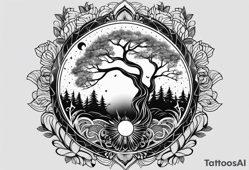 spiritual feminine tattoo for sleeve without faces, just sun and moon, tree of life and powerful symbols tattoo idea