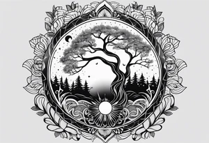 spiritual feminine tattoo for sleeve without faces, just sun and moon, tree of life and powerful symbols tattoo idea
