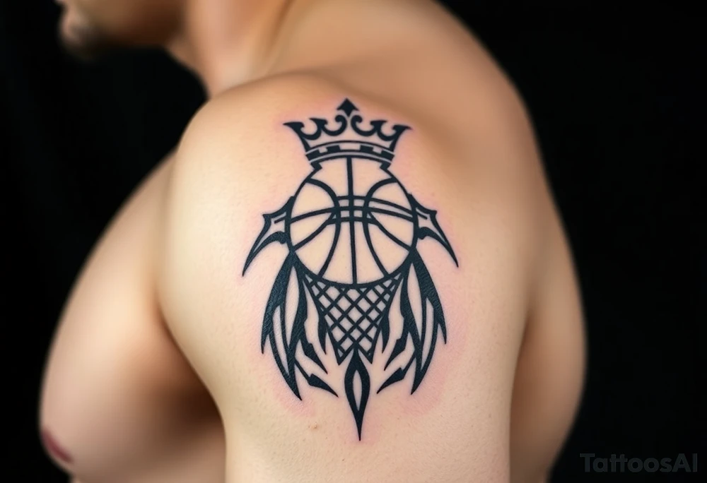 Basketball and basketball hoop with a crown, tribal influence tattoo idea