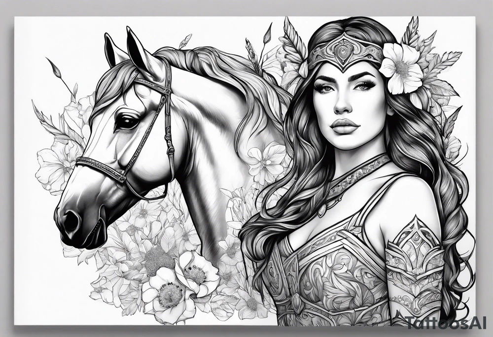 Warrior princess Valkarie with unicorn and wildflowers half sleeve tattoo idea