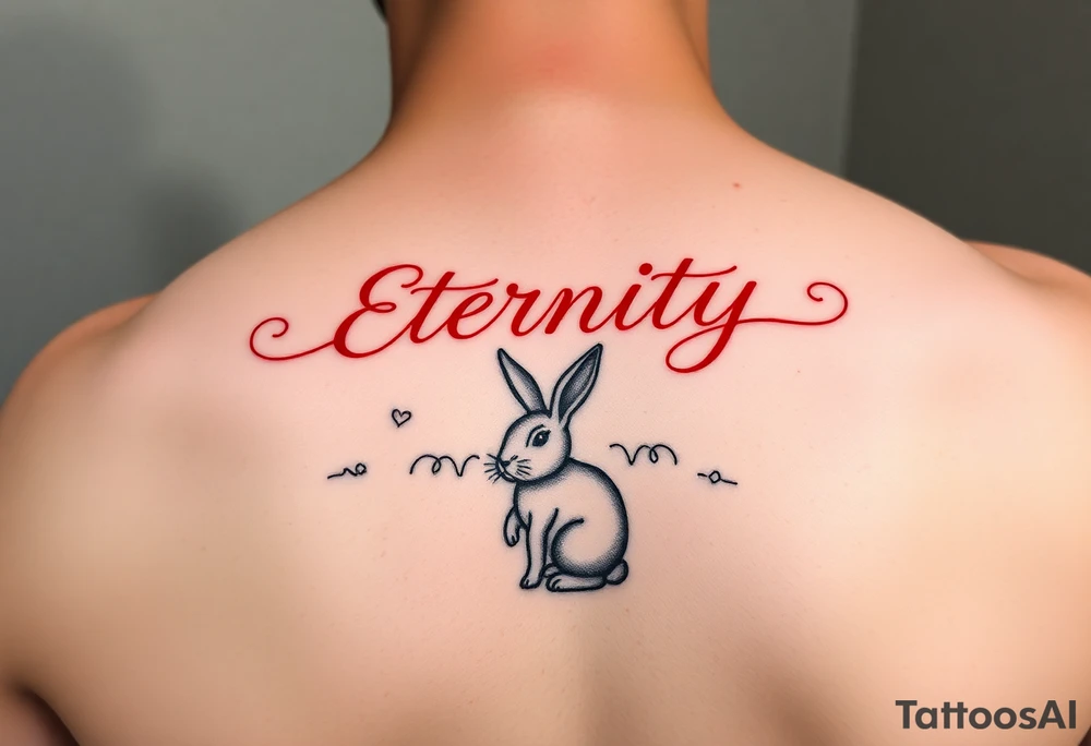 Eternity in elegant font in red and heart and rabbit zodiac sign tattoo idea