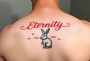 Eternity in elegant font in red and heart and rabbit zodiac sign tattoo idea