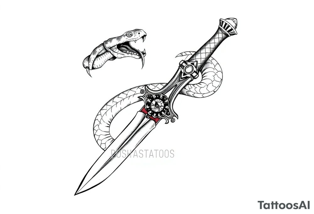 mystical snake coiled around an ancient dagger with jeweled hilt tattoo idea