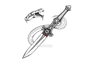 mystical snake coiled around an ancient dagger with jeweled hilt tattoo idea