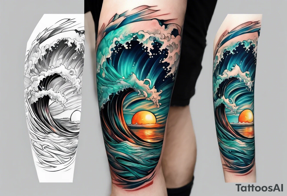 lower leg sleeve with rough ocean tattoo idea
