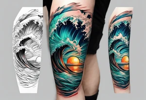 lower leg sleeve with rough ocean tattoo idea