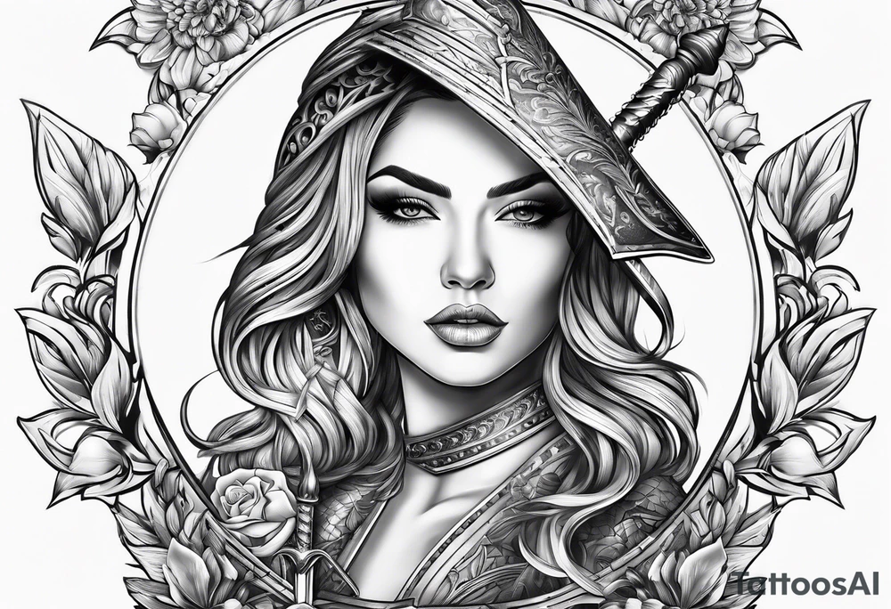 Dagger with a woman on the blade tattoo idea