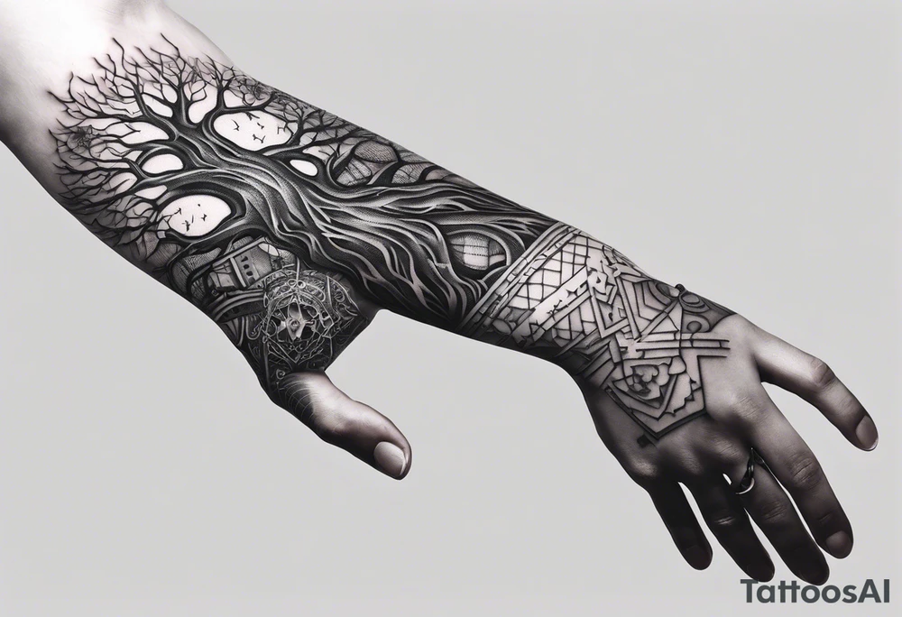 tattoo fool sleeve, tree roots break out of the chains at the bottom of the hand tattoo idea