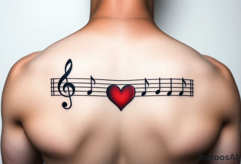 Music staff with treble clef and music notes with Ekg line in middle of tattoo with red heart tattoo idea