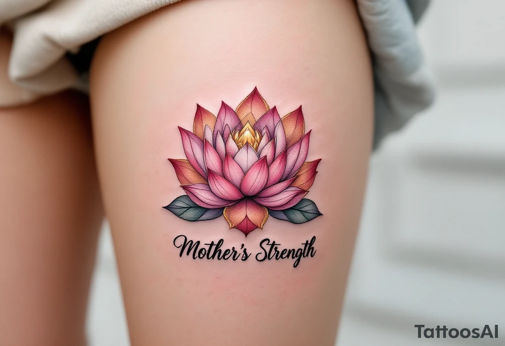 A pink lotus flower with gold highlights and the words “Mother’s Strength” in cursive below. tattoo idea