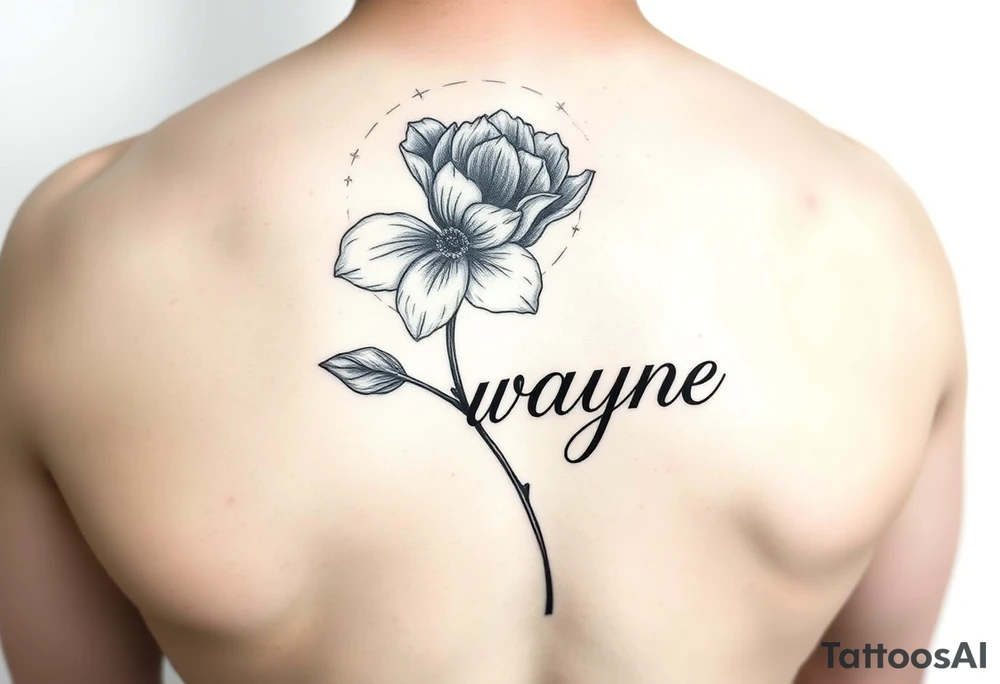 flower with a stem going into the name wayne in cursive on rib cage tattoo idea