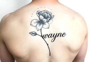 flower with a stem going into the name wayne in cursive on rib cage tattoo idea