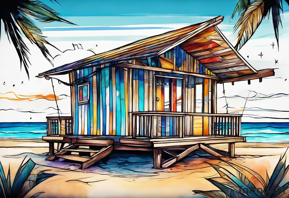 very abstract cabana on a beach, broken down into shapes more than actually looking like a cabana tattoo idea