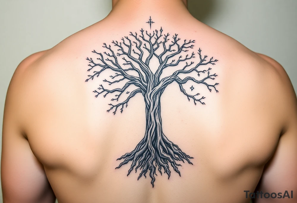 mystical tree of life with cosmic roots and celestial branches tattoo idea