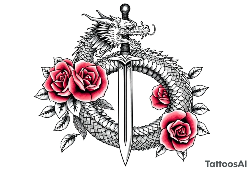 dragon coils around a sword,roses, tattoo idea