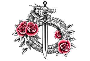 dragon coils around a sword,roses, tattoo idea