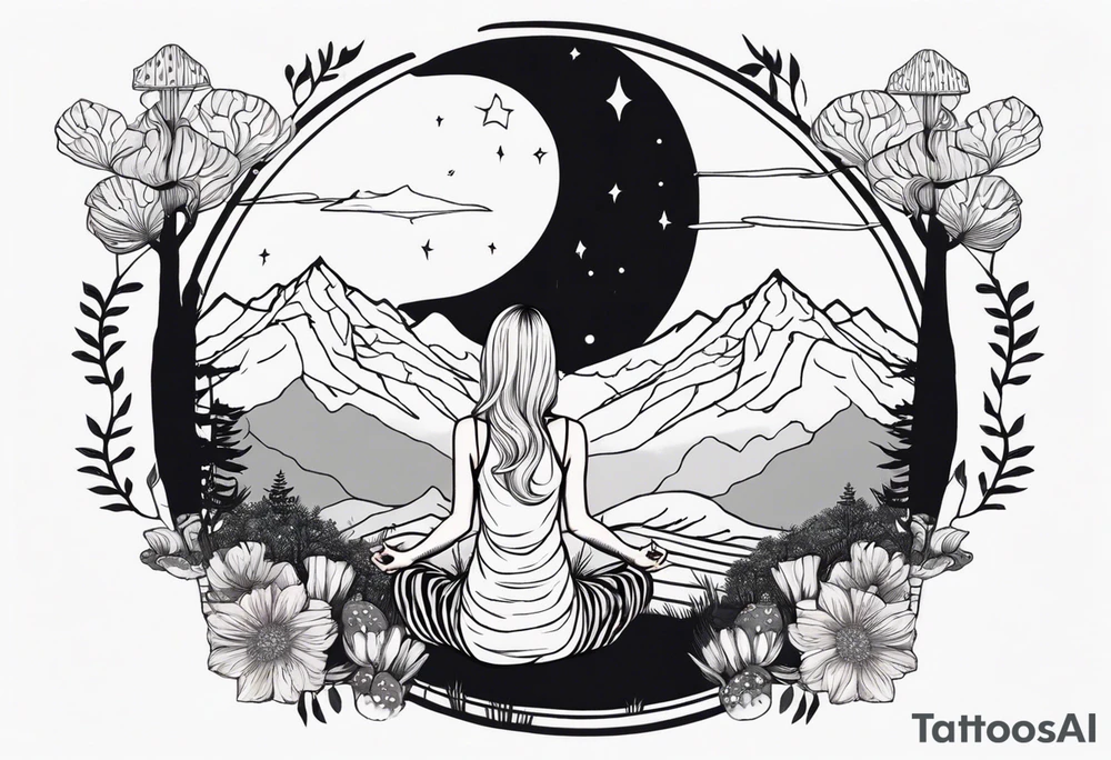 Straight blonde hair girl meditating facing away toward mountains surrounded by mushrooms crescent moon mandala circular design black and white striped dress tattoo idea