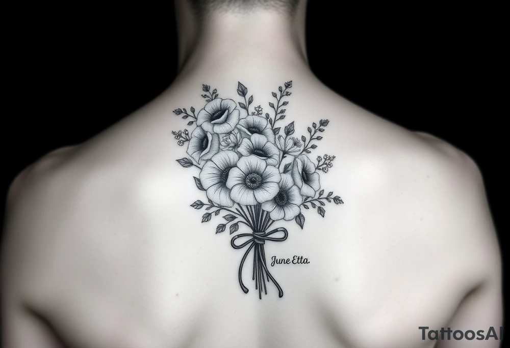 6 inches tall by 4 inches wide approximately, black and white tattoo with a bouquet of hollyhocks, one wild rose, and wild flowers, include a stethoscope along the side without putting it into the bouquet and the name June Etta , make the stethoscope more noticeable and make the tattoo taller than it is wide, make the bouquet have a bow towards the bottom holding the flowers like they had just been picked from the garden tattoo idea