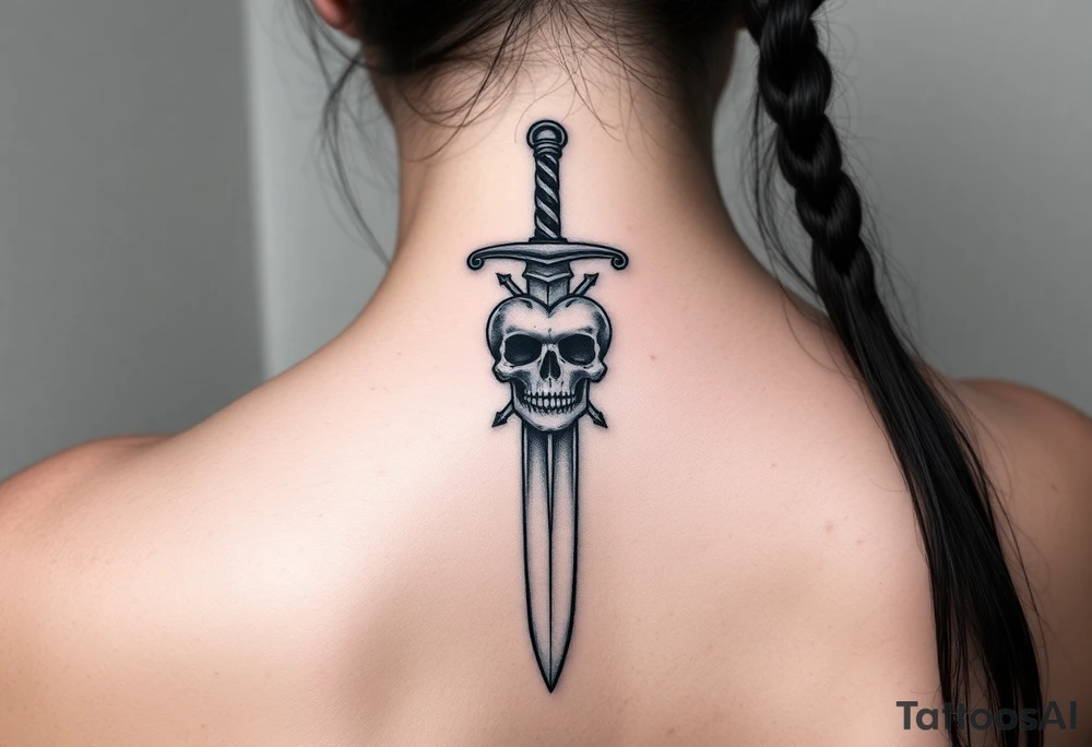 weathered guard sword going down spine with a skull heart tattoo idea