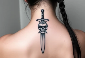 weathered guard sword going down spine with a skull heart tattoo idea