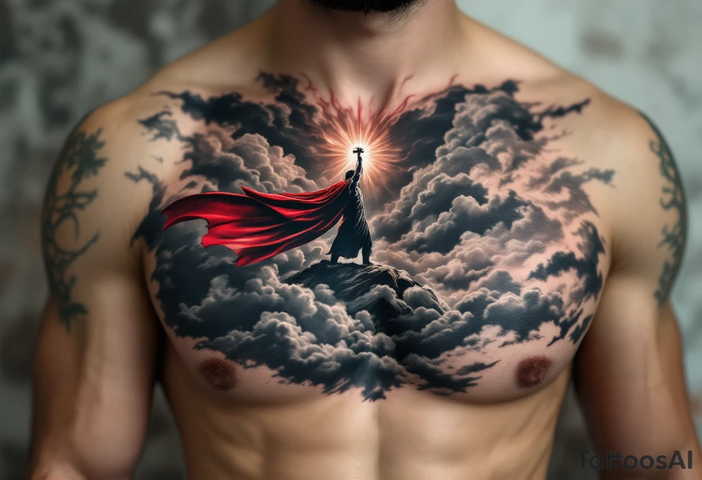 A stormy sky with Thor’s silhouette emerging from the clouds, holding Mjölnir high, his red cape flowing, in dramatic black, grey, and deep red tones. tattoo idea